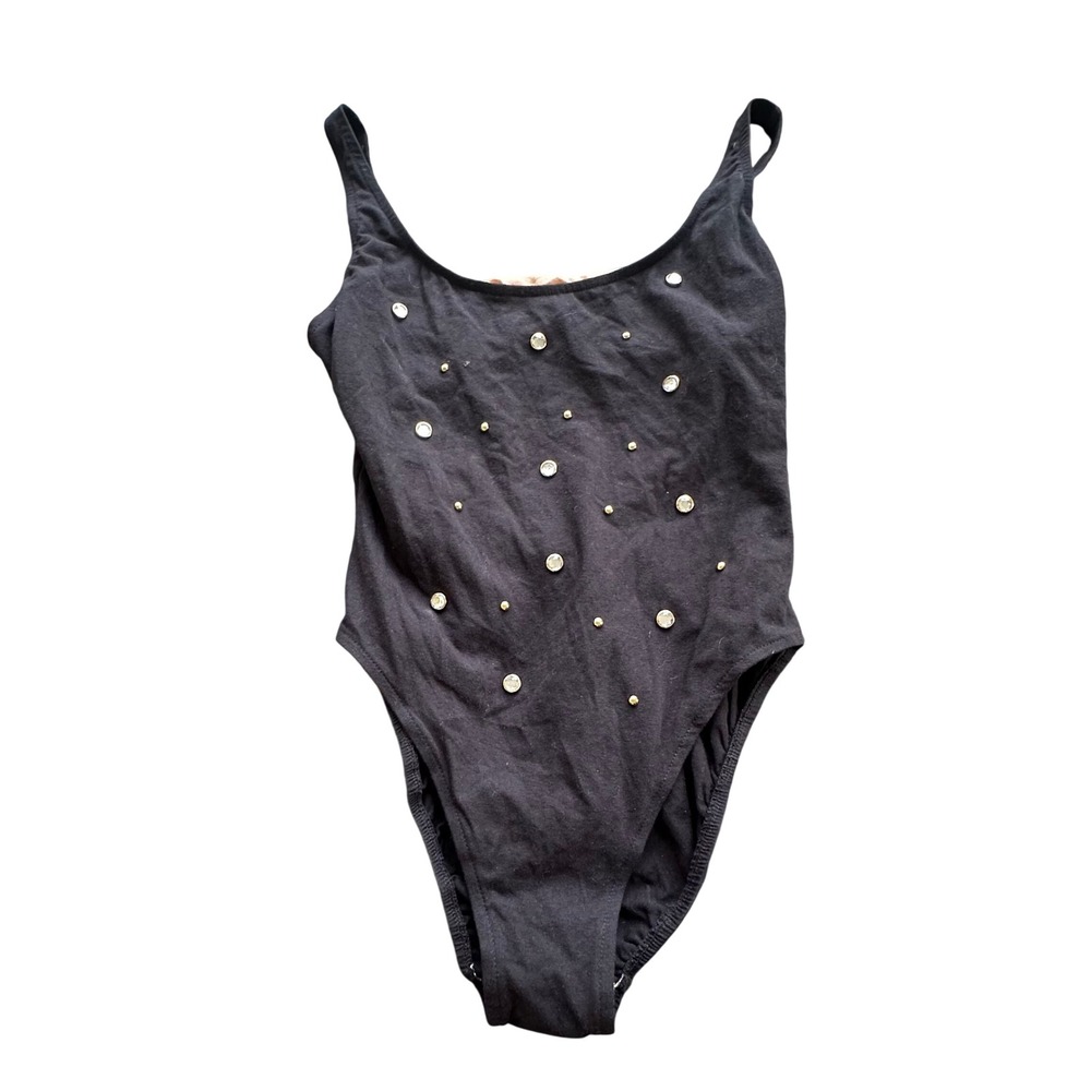 Look & Sea Black Rhinestone Studded Open Back Bodysuit Large 43101 Made in USA